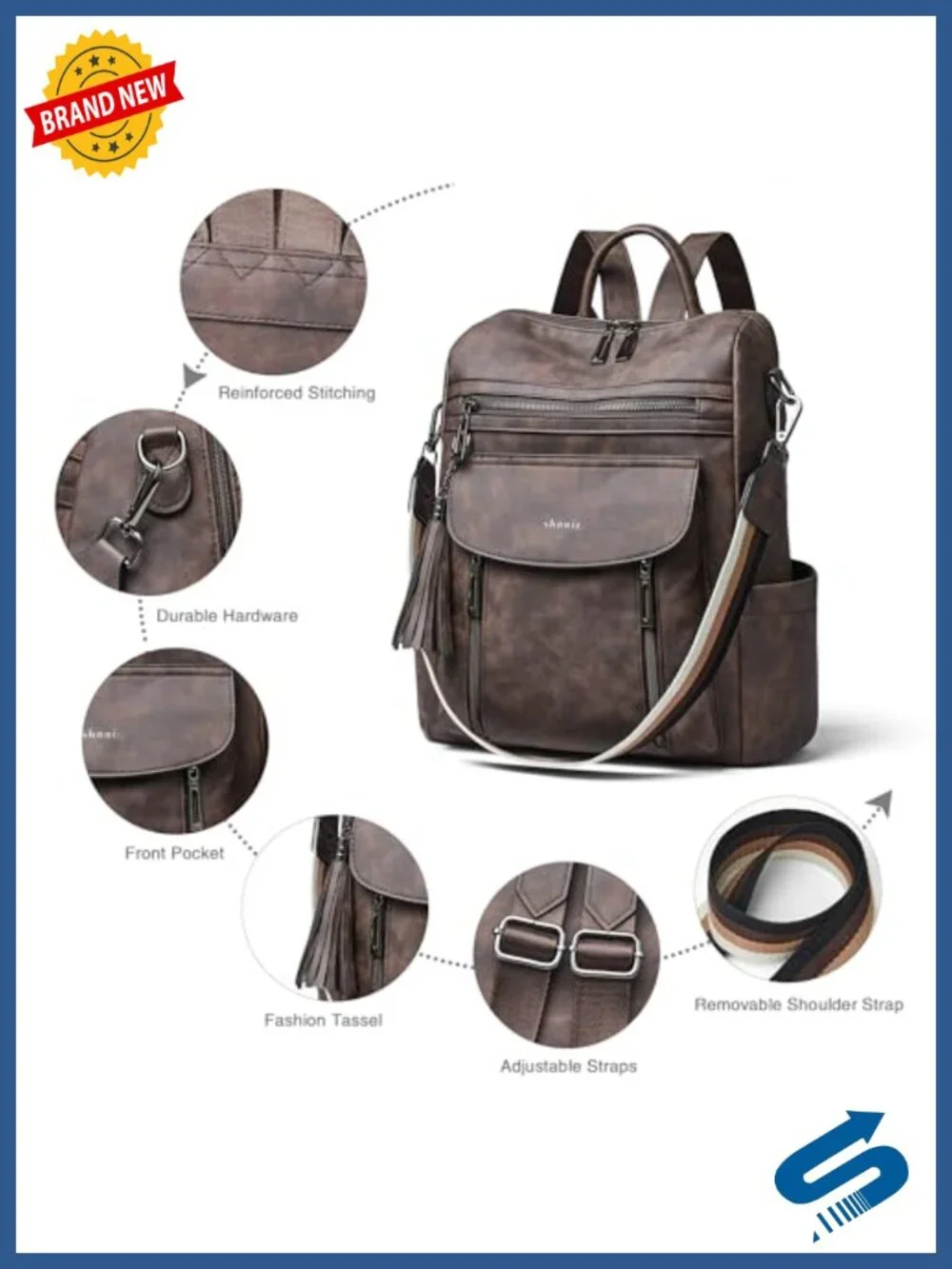 Faux Leather Backpack Purse Convertible Shoulder Bag with Wristlet Travel
